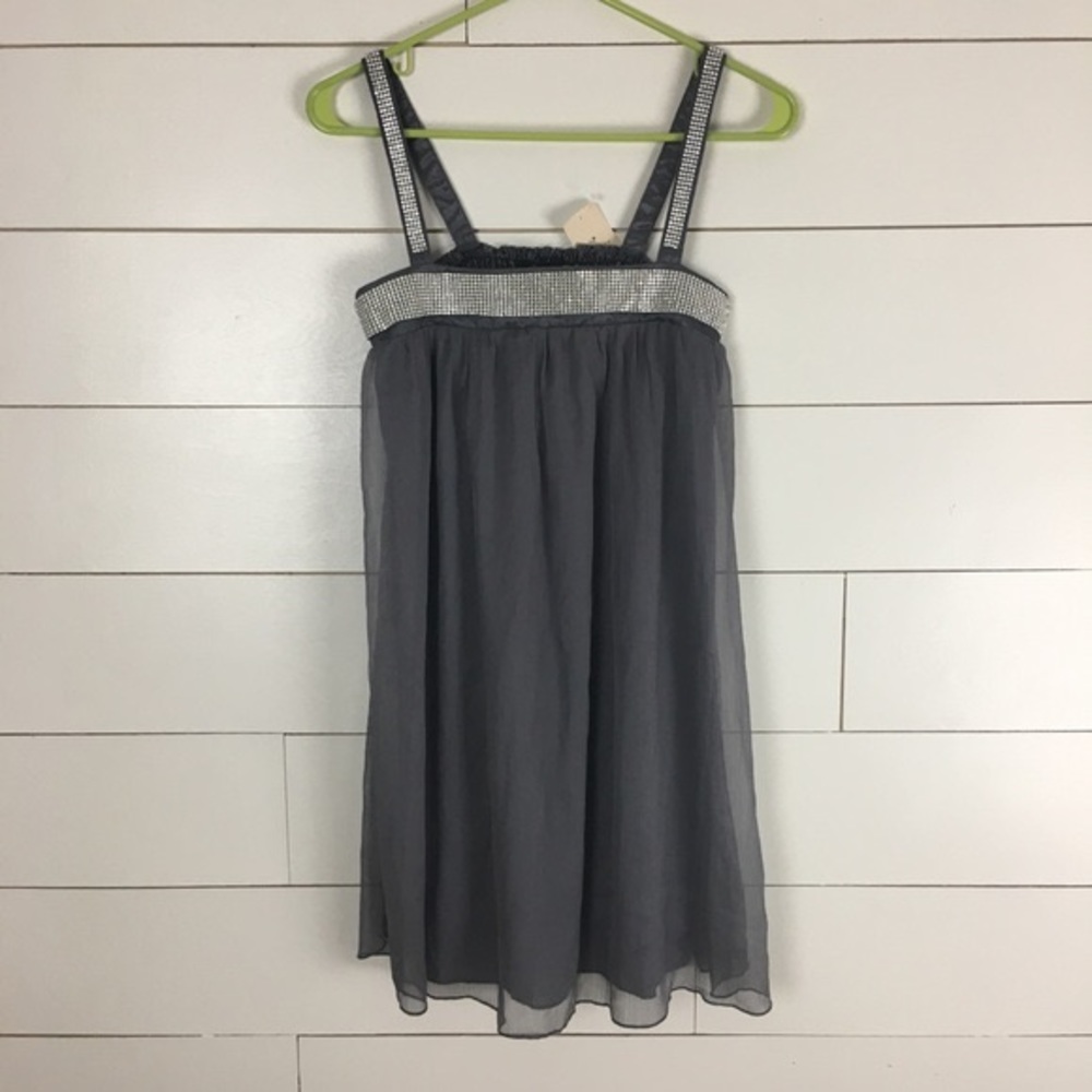 🪴$5/25🪴 NWT Forever 21 Gauzy Gray Silver Rhinestone Boho Mini Dress Small - Picture 4 of 12